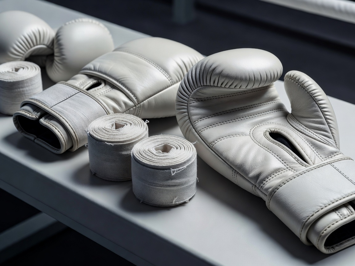 Close view of boxing wraps and glove stitching on a clean equipment bench
