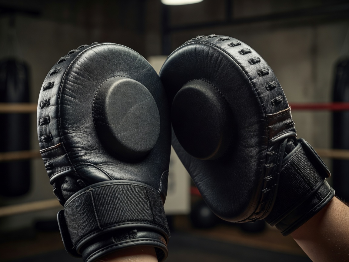 Close-up of padded boxing focus mitts showing the target surface and wrist straps