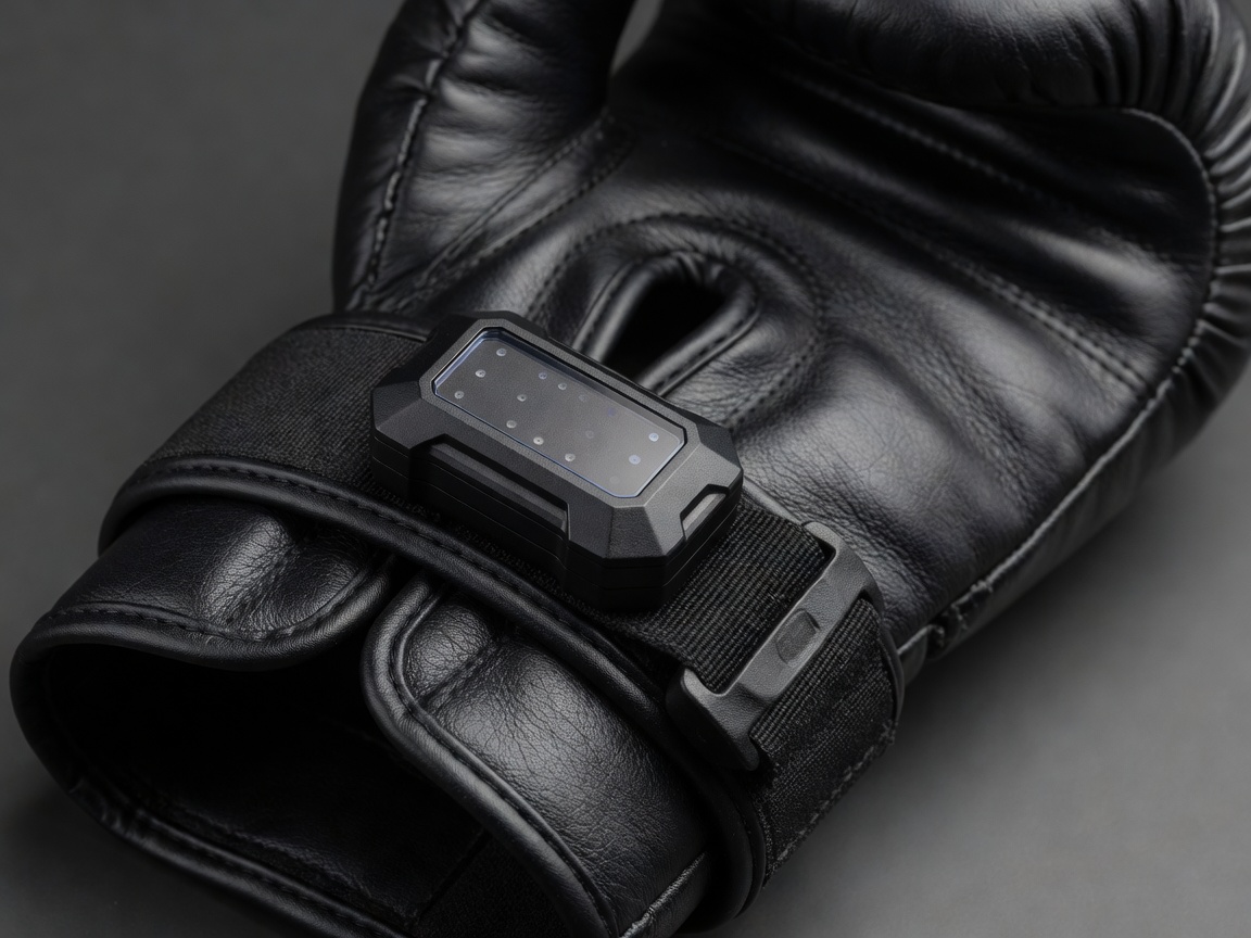 Compact training sensor secured near the wrist of a boxing glove