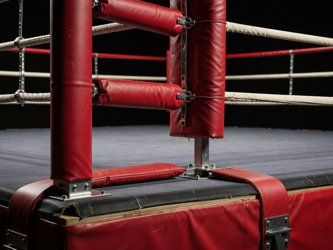 Padded ring corner showing ropes, platform edge and protected fittings