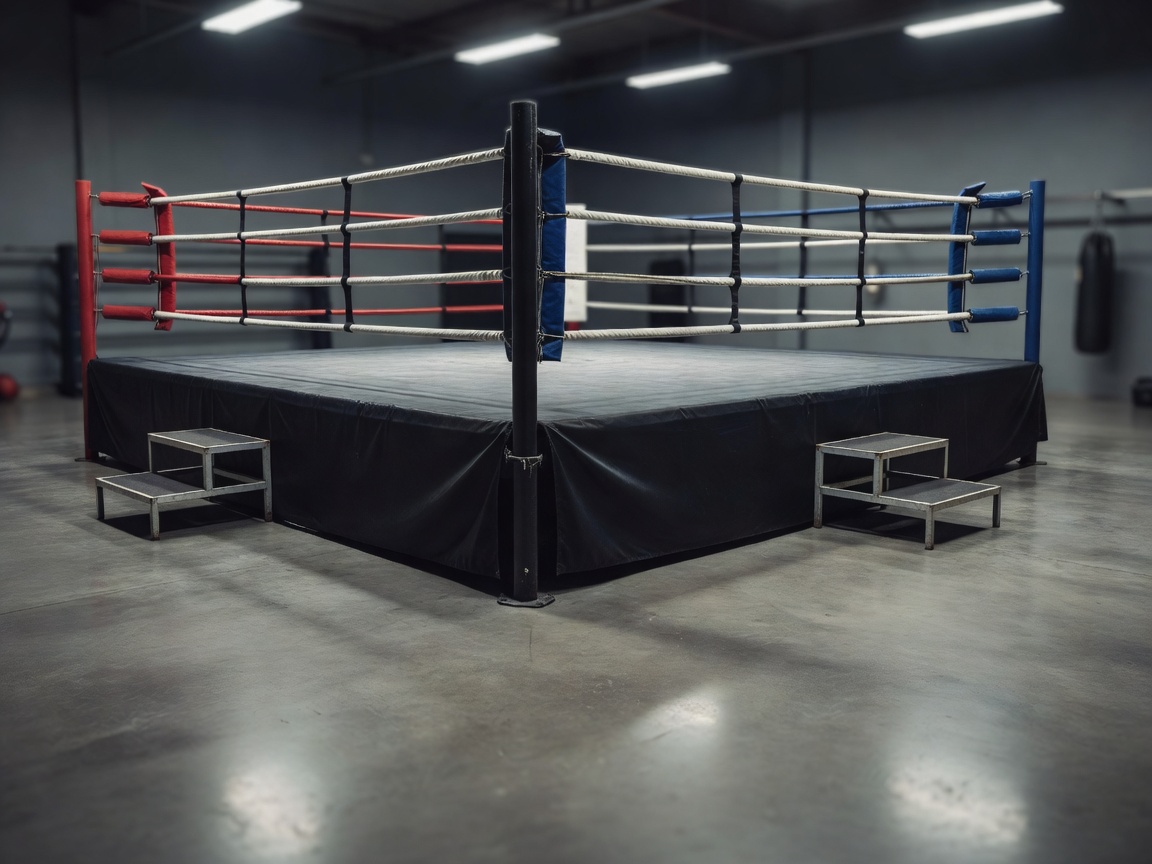 Clear training floor around the apron and steps of a boxing ring