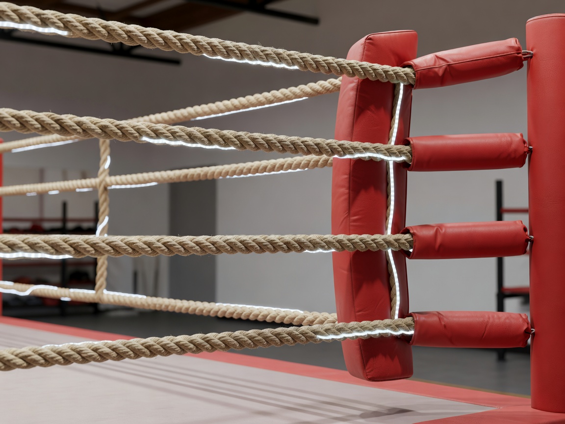 Ring ropes and corner padding under even gym lighting without bright glare