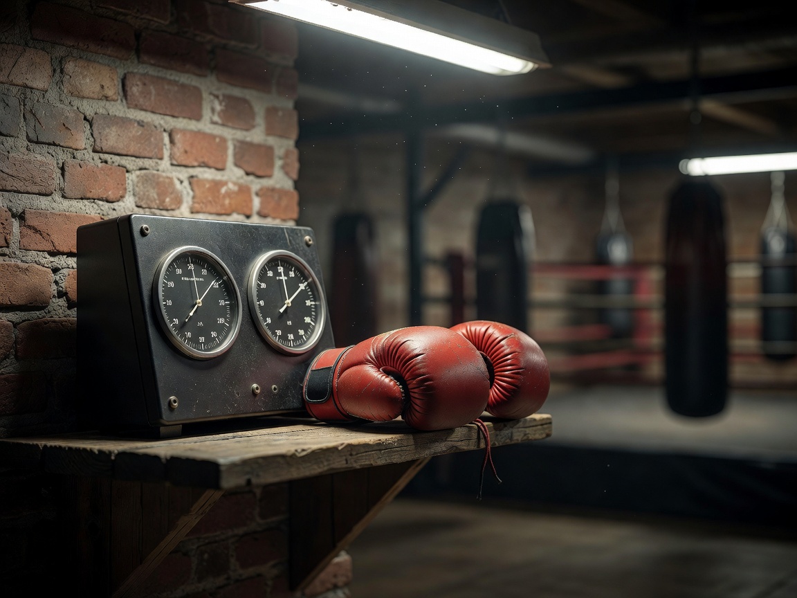 Round timer beside gloves at a boxing training station, with the background softly blurred