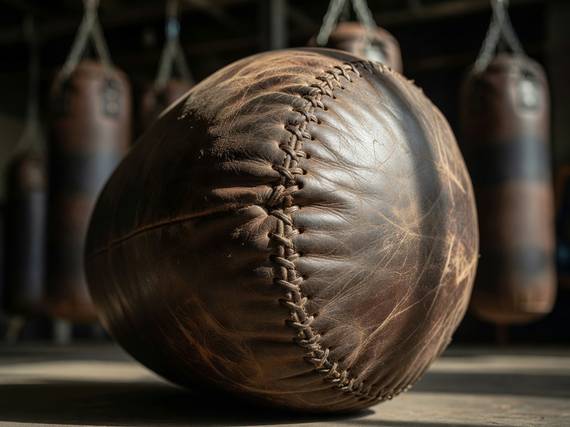 Stitched leather seam on a heavy boxing bag with other bags softly out of focus